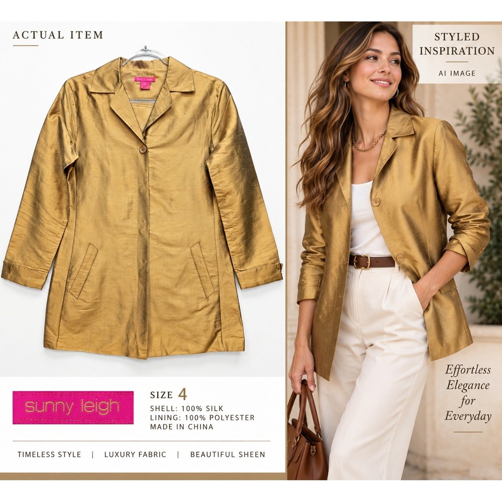 Sunny Leigh Silk Blazer Womens Longline Jacket Gold 4 Good Quiet Luxury
